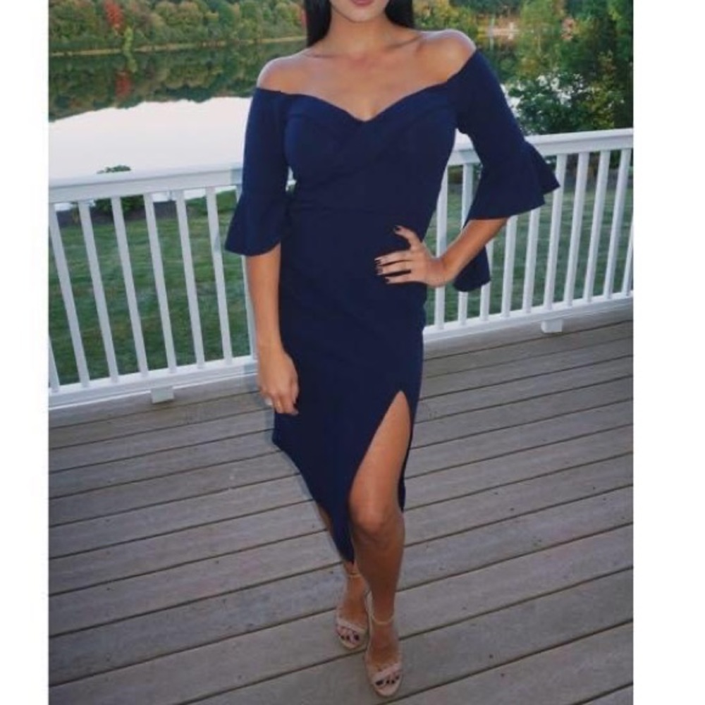 Beautiful navy off the shoulder dress.